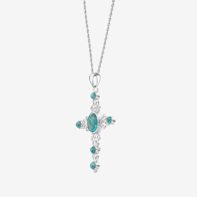 Womens Blue Turquoise Sterling Silver Cross Pendant Necklace