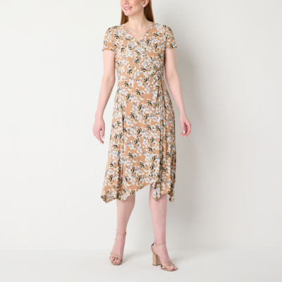 Perceptions Short Sleeve Floral Puff Print Midi Fit + Flare Dress