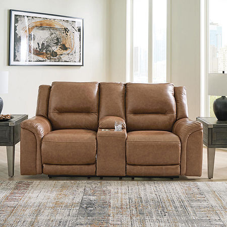 Signature Design By Ashley Trasimeno Dual Power Leather Reclining Loveseat With Console, One Size, Brown