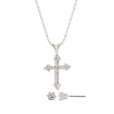 Sparkle Allure Womens 1 1/2 CT. T.W. Cubic Zirconia Pure Silver Over Brass Cross 2-pc. Jewelry Set