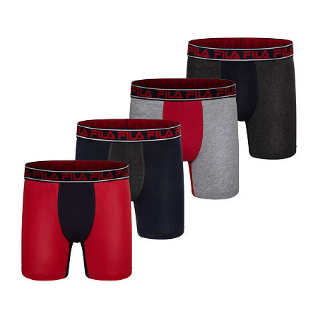 FILA Ultra Soft Stretch No Fly Mens 4 Pack Boxer Briefs, Medium, Red