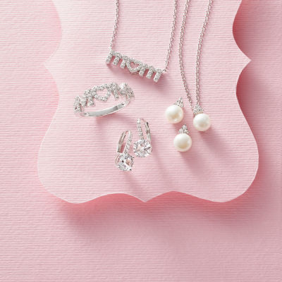 Yes, Please! "Mom" Womens Lab Created White Sapphire Sterling Silver Heart Band