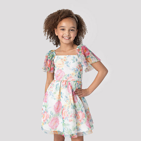 Rare Editions Little & Big Girls Short Sleeve Flutter Sleeve Fit + Flare Dress, 12, White