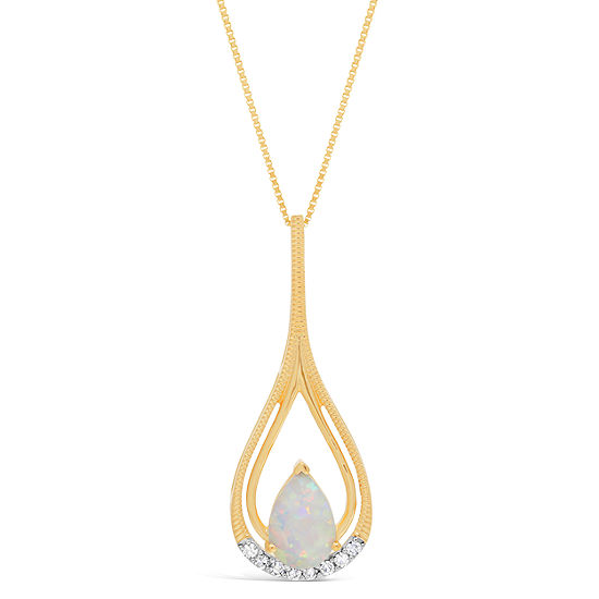 Womens Diamond Accent Lab Created White Opal 10K Gold Pendant Necklace