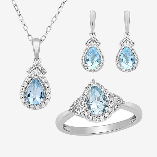 Genuine Blue Aquamarine Sterling Silver Jewelry Set
