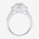 Womens 1 CT. T.W. Genuine White Diamond 10K White Gold Cushion Side Stone Halo Engagement Ring