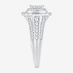 Womens 1 CT. T.W. Genuine White Diamond 10K White Gold Cushion Side Stone Halo Engagement Ring