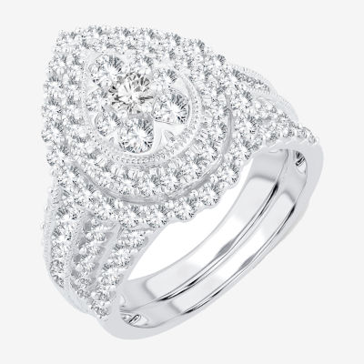 Womens 2 CT.T.W. Natural Diamond 10K or 14K Gold Pear Side Stone Halo Bridal Set