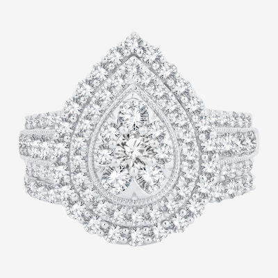 Womens 2 CT.T.W. Natural Diamond 10K or 14K Gold Pear Side Stone Halo Bridal Set