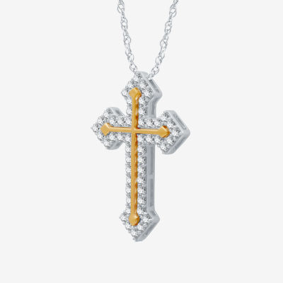 Womens 1 CT. T.W. Natural White Diamond 14K Gold Over Silver Cross 18 Inch Pendant Necklace