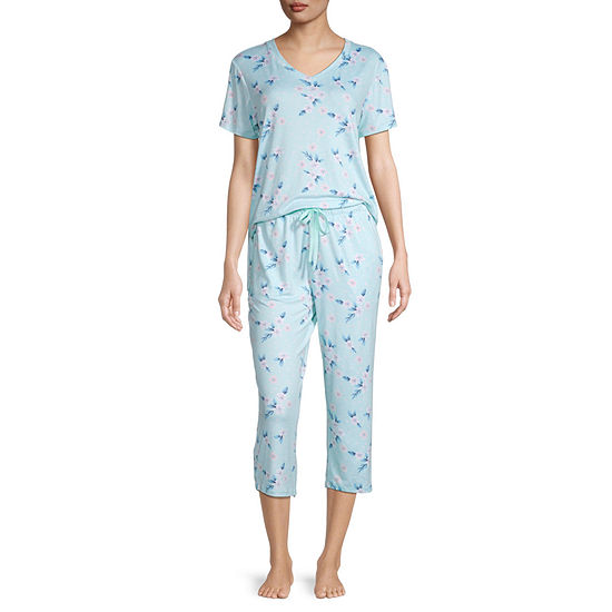 Jaclyn Lush Luxe Womens 2-pc. V-Neck Short Sleeve Capri Pajama Set