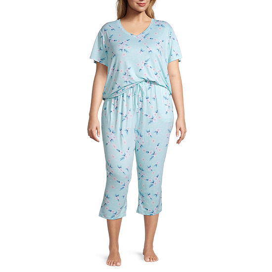 Jaclyn Womens Plus 2-pc. V-Neck Short Sleeve Capri Pajama Set