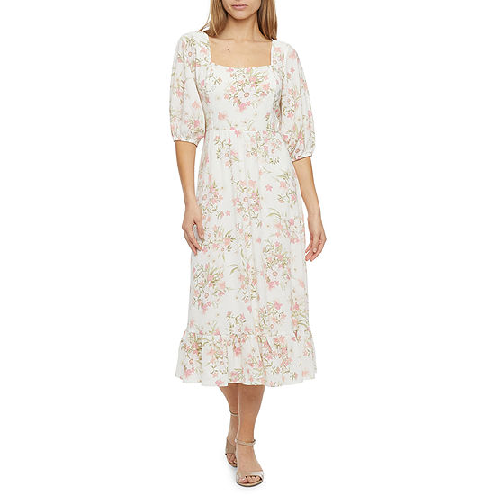 52seven Petite 3/4 Sleeve Floral Midi Fit + Flare Dress
