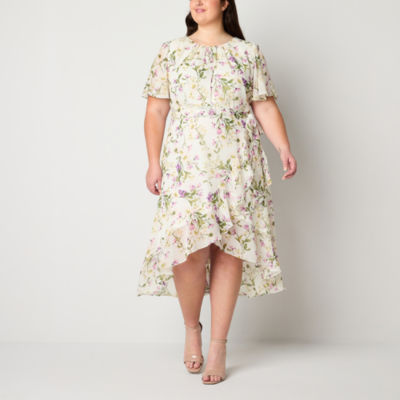 Jessica Howard Womens Short Sleeve Floral High-Low Fit + Flare Dress Plus