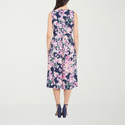 London Style Petite Sleeveless Floral Midi Fit + Flare Dress