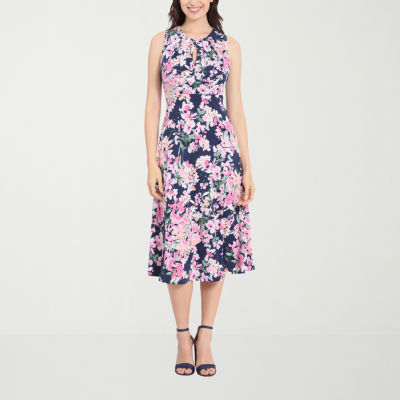 London Style Petite Sleeveless Floral Midi Fit + Flare Dress