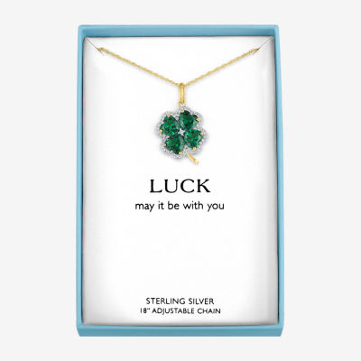 Womens Lab Created Green Emerald 14K Gold Over Silver Clover Pendant Necklace