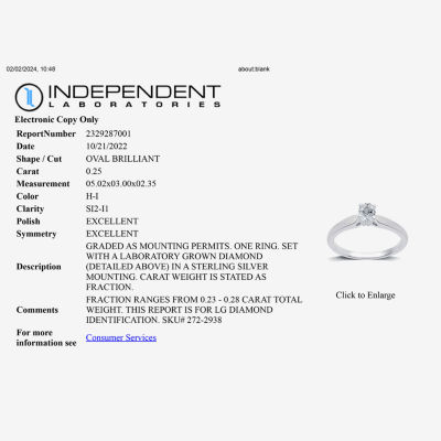 I Said Yes (H-I / Si2-I1) Womens 1/ CT. T.W. Lab Grown White Diamond Sterling Silver Oval Solitaire Engagement Ring