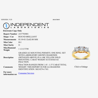 Love Lives Forever (G / Si1-Si2) Womens 1 1/2 CT. T.W. Lab Grown White Diamond 10K Gold Round 3-Stone Engagement Ring