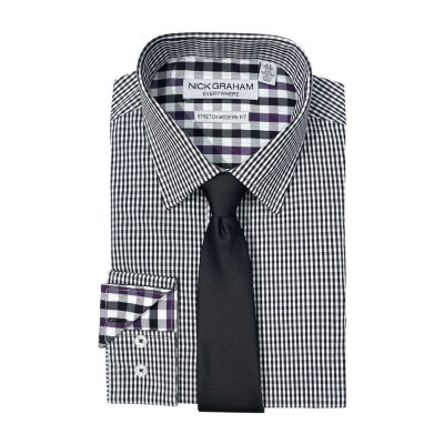Nick Graham Mens Spread Collar Long Sleeve Stretch Fabric Shirt + Tie Set