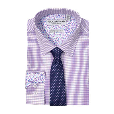 Nick Graham Mens Spread Collar Long Sleeve Stretch Fabric Shirt + Tie Set