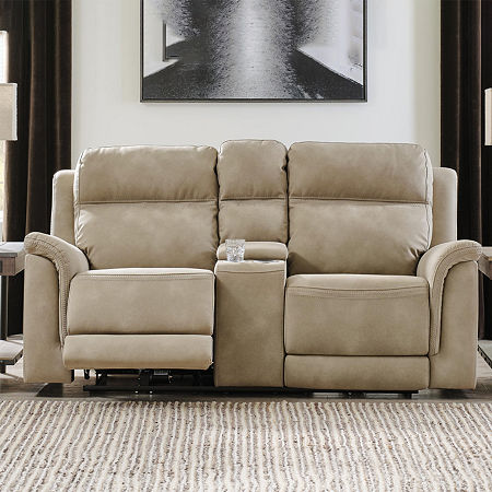 Signature Design By Ashley Next-Gen DuraPella Dual Power Reclining Pad Arm Loveseat With Console, One Size, Beige