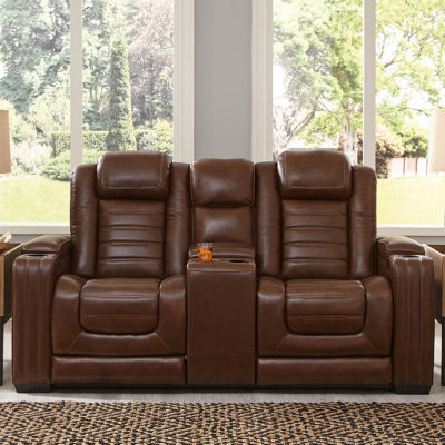 Signature Design By Ashley® Backtrack Dual Power Leather Reclining Loveseat with Console