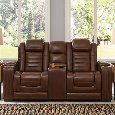 Signature Design By Ashley Backtrack Dual Power Leather Reclining Loveseat With Console, One Size, Brown