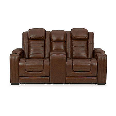 Signature Design By Ashley Backtrack Dual Power Leather Reclining Loveseat With Console, One Size, Brown