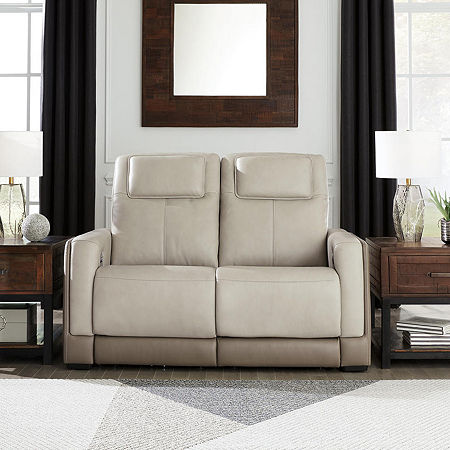 Signature Design By Ashley Battleville Dual Power Leather Reclining Loveseat, One Size, Beige