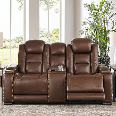 Signature Design By Ashley The Man-Den Triple Power Leather Reclining Loveseat With Console, One Size, Brown