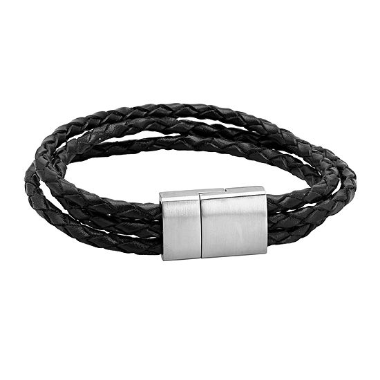Mens Black Braided Leather and Stainless Steel Bracelet, Color: White ...