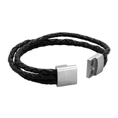 Mens Black Braided Leather and Stainless Steel Bracelet