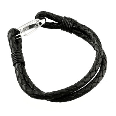 Mens Braided Black Leather with Stainless Steel Bracelet