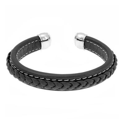 Mens Black Braided Leather Cuff Bracelet