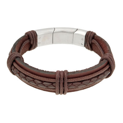 Mens Brown Leather Stainless Steel Bracelet