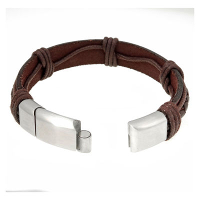 Mens Brown Leather Stainless Steel Bracelet