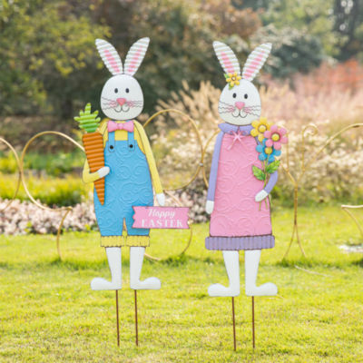 Glitzhome 2pk Metal Bunny Boy/Girl'S Yard Stake Easter Yard Art