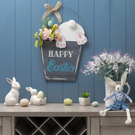 Glitzhome 18 Easter Wooden Bunny Eggs Wall Sign, One Size, White