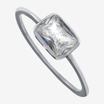 Silver Treasures Womens Cubic Zirconia Sterling Silver Rectangular Delicate Band
