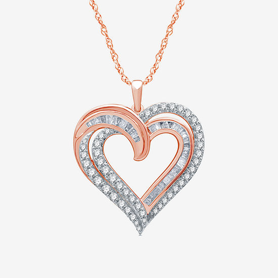 Womens 1 CT. T.W. Genuine White Diamond 14K Rose Gold Over Silver Heart Pendant Necklace