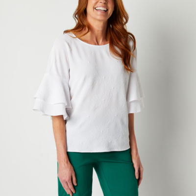 Liz Claiborne Womens Round Neck Elbow Sleeve Blouse JCPenney