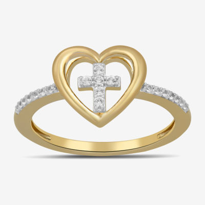 Womens Lab Created White Sapphire 14K Gold Over Silver Cross Heart Delicate Side Stone Cocktail Ring