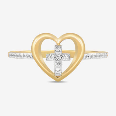 Womens Lab Created White Sapphire 14K Gold Over Silver Cross Heart Delicate Side Stone Cocktail Ring