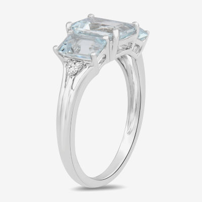 Womens Simulated Blue Aquamarine Sterling Silver Side Stone Cocktail Ring