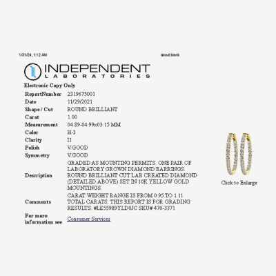 (H-I / I1) Womens 1 CT. T.W. Lab Grown White Diamond 10K Gold 22mm Hoop Earrings