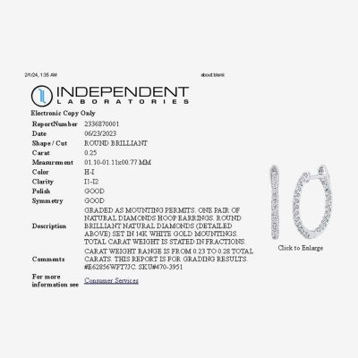 1/4 CT. T.W. Genuine White Diamond 14K White or Yellow Gold 14.5mm Hoop Earrings