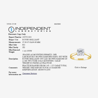 (H-I / Si2) Womens 1 1/2 CT. Lab Grown White Diamond 14K Gold Round Solitaire Engagement Ring
