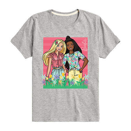 Big Kid Girls Crew Neck Short Sleeve Classic Fit Barbie Graphic T-Shirt, Large, Gray