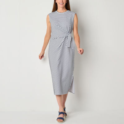 Liz Claiborne Womens Sleeveless Striped Midi A-Line Dress